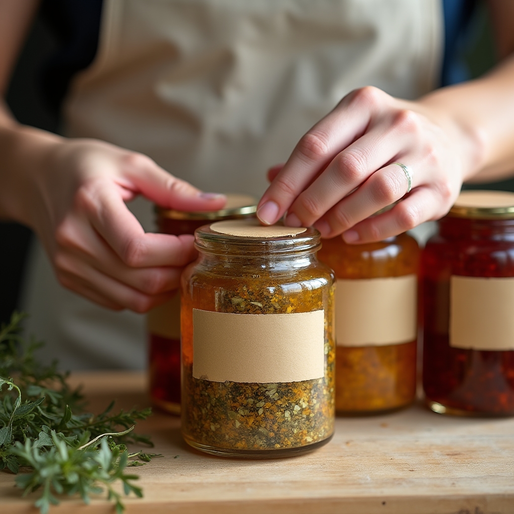 Банки с готовой продукцией с этикетками, подготовленные к продаже